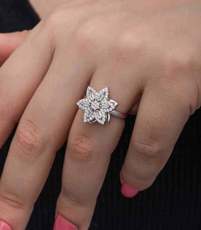 Silver Adjustable Star Baguette Stone Spinning Stress Relief Women's Ring