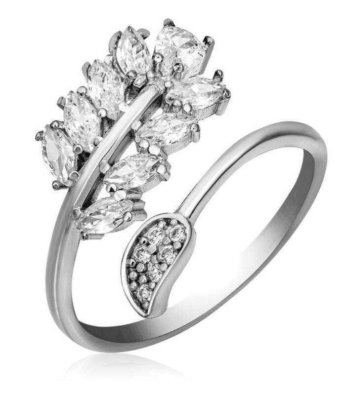 Silver Adjustable Women's Ring with White-Stone Leaf Design