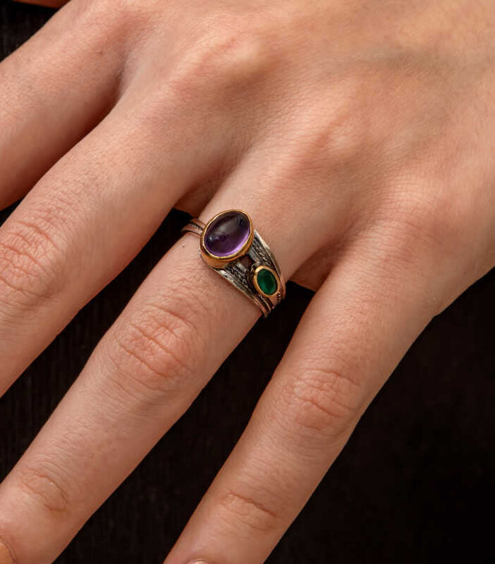 Silver Amethyst Stone Emerald Authentic Adjustable Women's Ring