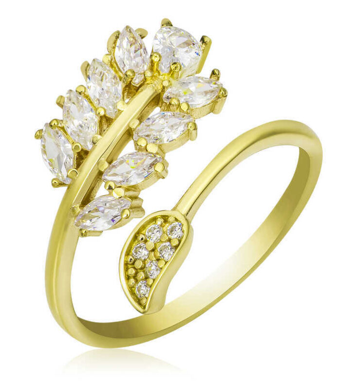 Silver Gold-Plated Adjustable Women's Ring with White-Stone Leaf Design