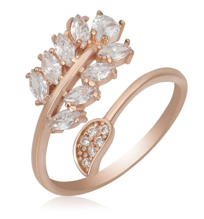 Silver Rose Adjustable Women's Ring with White-Stone Leaf Design