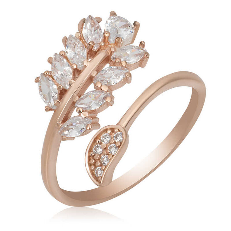 Silver Rose Adjustable Women's Ring with White-Stone Leaf Design