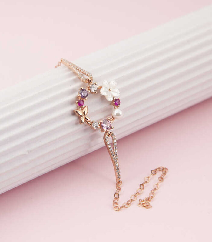 Silver Rose Magnolia Flower & Butterfly Women's Bracelet