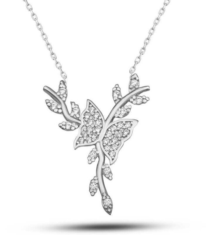 Silver Butterfly on a Branch Necklace