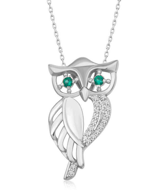 Silver Owl Necklace with Green Eyes