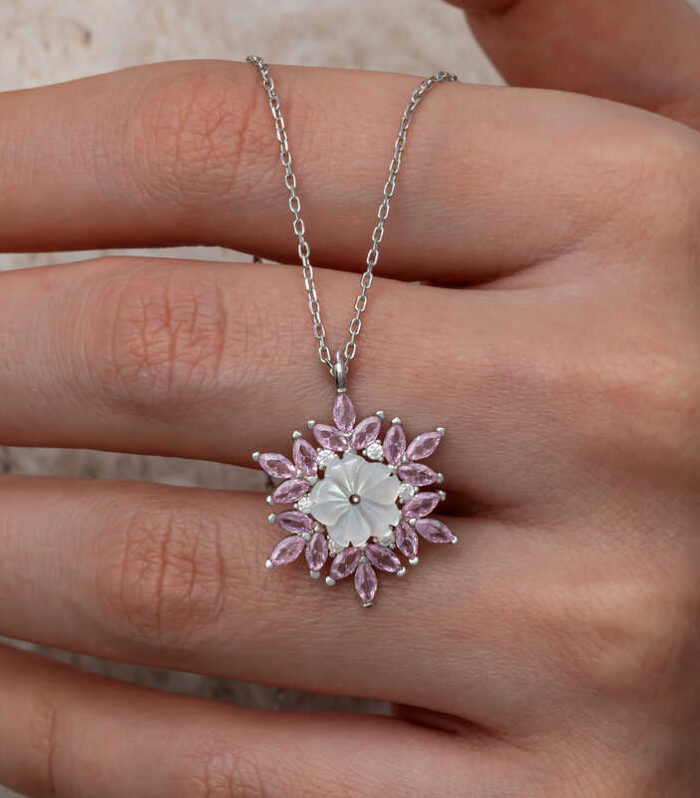 Silver Pink Lotus Patterned Flower Necklace