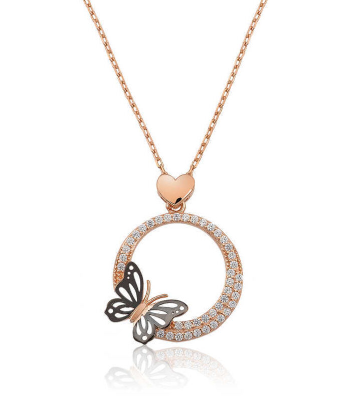 Silver Rose Butterfly Hoop Necklace