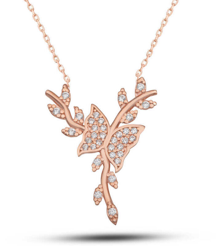 Silver Rose Butterfly On a Branch Necklace