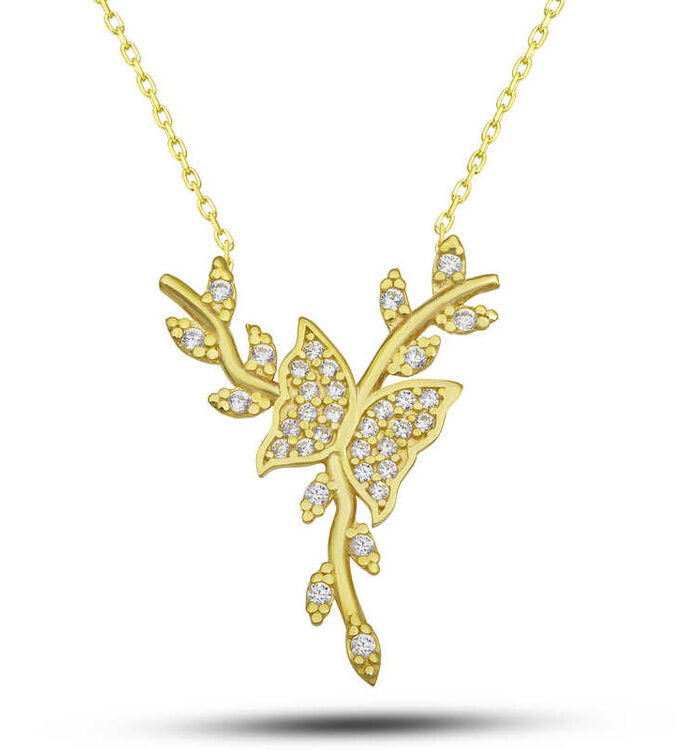 Silver Gold Butterfly on Branch Women's Necklace